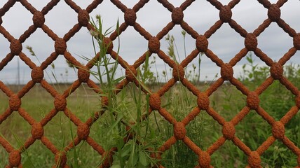 Rust-Covered Fence Enclosing Field: A detailed shot of an aged and rusted fence with a diamond pattern, it stands against the verdant backdrop of a peaceful field.