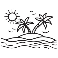 a sunny island with palm trees Line art of  surrounded by water.