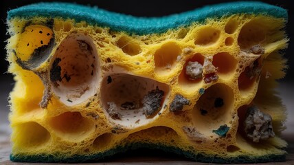 Cross-Sectional Sponge Texture: A close-up view unveils the intricate structure of a kitchen sponge, showcasing its porous texture and diverse components. This image invites curiosity