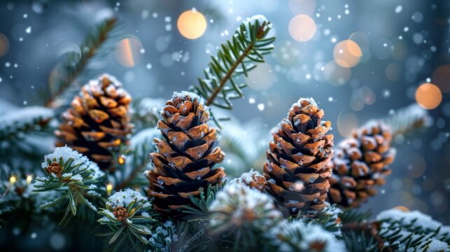 Festive winter scene with snow covered pine cones and spruce branches for new year celebrations