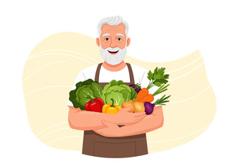Illustration of smiling elderly farmer holding a basket full of fresh vegetables