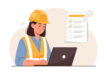 Illustration of female engineer in hard hat and safety vest working on laptop with checklist and gears, concept of project management and construction planning