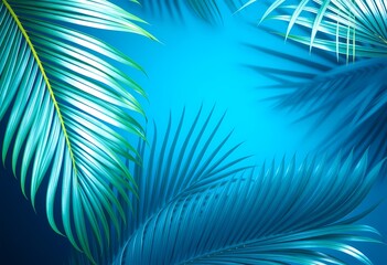 Shimmering Blue Tropical Palm Leaves Background with Pearlescent Glow