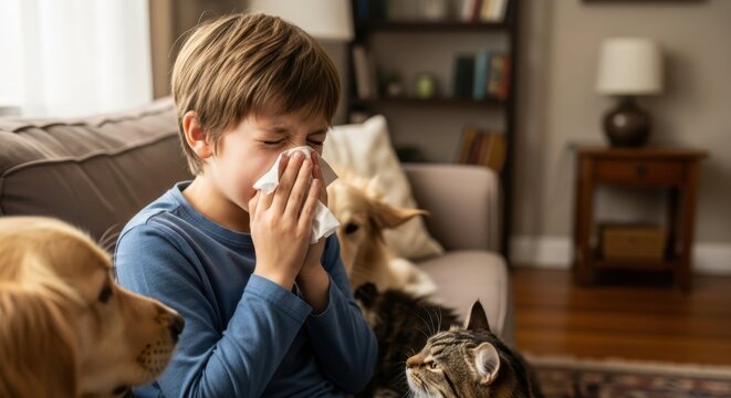 Young boy suffering from allergies, surrounded by pets indoors at home. Boy suffering from allergies is using tissue to wipe his nose due to symptoms.