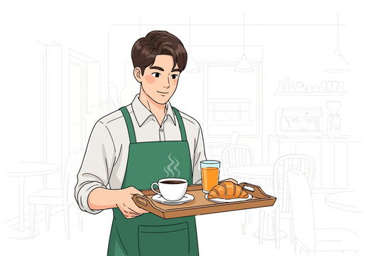 Illustration of a smiling young man wearing an apron holds a tray with a cup of coffee, a croissant, and a glass of orange juice, ready to serve - Powered by Adobe