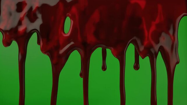 "Abstract fluid dynamics featuring dark red blood drips flowing across a vibrant green screen background."