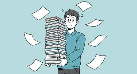 Illustration of a stressed man holding a large stack of documents and papers flying around him, symbolizing workload and pressure