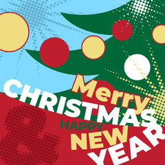 Merry christmas and happy new year 2026, 26 greeting card, poster. Christmas tree, star. Simple flat design for banner, invitation, greeting card. Party event decoration, vector illustration