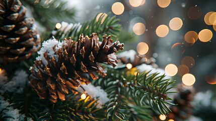 Festive winter composition featuring snow covered pine cones and spruce branches with bokeh lights