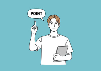 Illustration of a young man in a white tshirt points his finger upwards with a speech bubble saying point while holding a tablet in his other hand, against a teal background