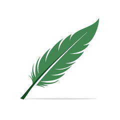 Obraz premium Single green quill feather with detailed barbs on a white background