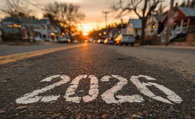 Urban Street Scene Showing 2020 Marking During Sunset with Houses Cars and Trees
