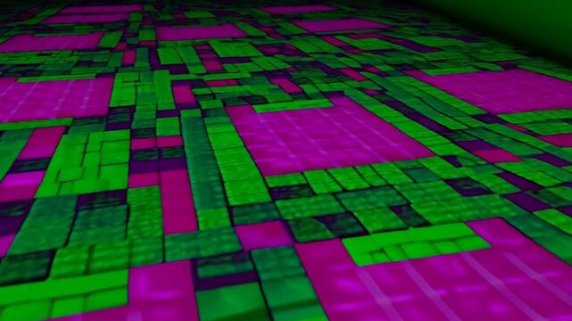 Abstract Futuristic Grid Floor with Green and Purple Neon Lights