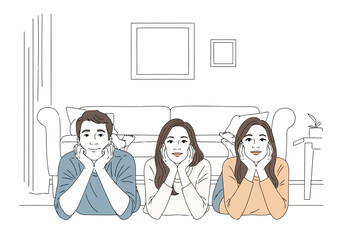 Illustration of three people, a man and two women, sitting on the floor in front of a couch with their chins resting on their hands