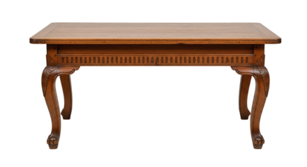 Antique wooden table featuring carved curved legs and a detailed apron, isolated on a white background. Suitable for furniture catalogs, interior design, and vintage décor themes.