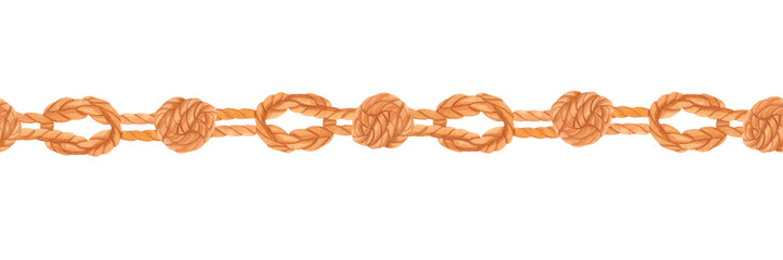 Watercolor nautical seamless border with twisted brown ropes and sailor knots isolated on white. Marine repeatable design in vintage style for textile prints, packaging, summer designs or invitations.