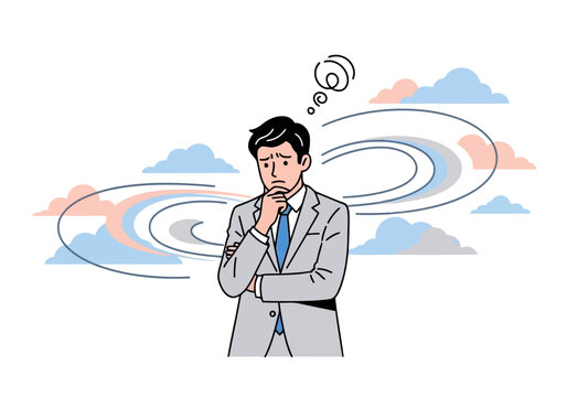 Illustration of a businessman in a suit stands with his hand on his chin, looking thoughtful with swirling lines and clouds in the background, representing confusion or contemplation