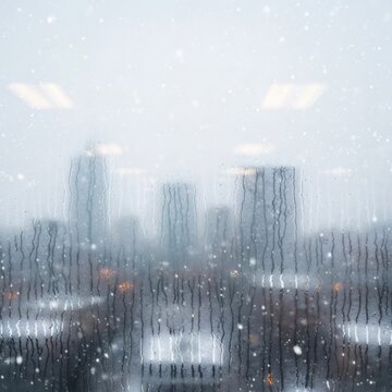 Snowing outside a window with water streaks. Cityscape view through a wet glass during winter. Urban weather concept for cold season.