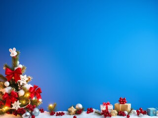 Christmas tree with presents and snow, vibrant blue background