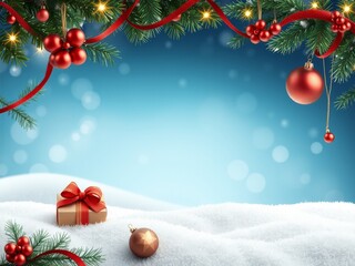 Christmas holiday winter scene, snow, gift, ornaments, copy space.