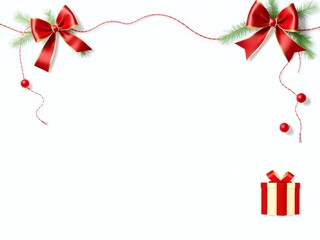 Festive christmas border with red bows, fir and gift box on white