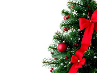 Festive christmas tree branch with red ornaments and snowflakes