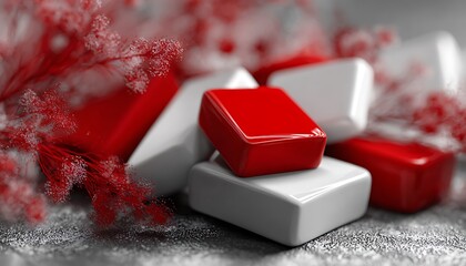 High contrast red and white accessories over digital abstract layering