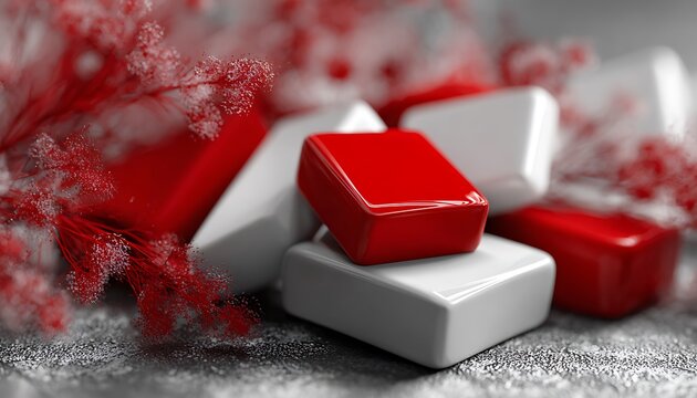 High contrast red and white accessories over digital abstract layering