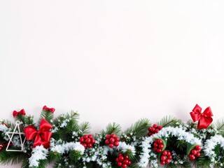 Festive christmas garland with red bows, berries and copy space