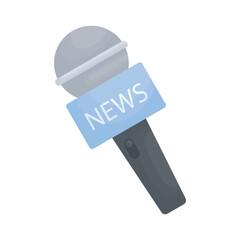 A news journalist microphone on a white background. A TV news channel.