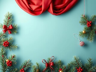 Christmas festive frame with spruce, red decor, blue background