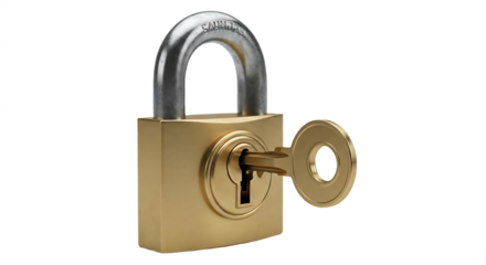 A shiny gold padlock with a silver shackle and a key inserted in the lock on a black background