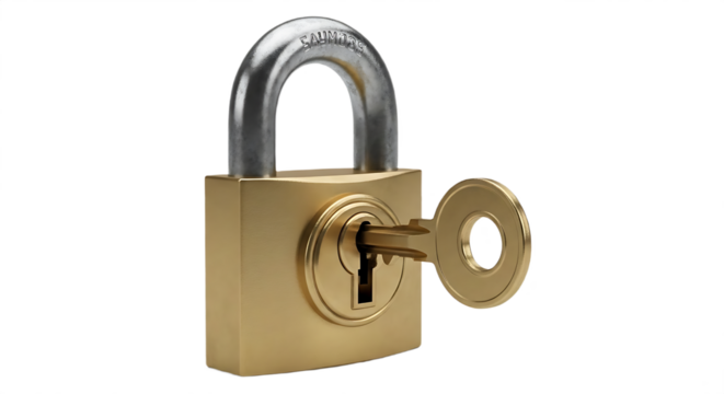 A shiny gold padlock with a silver shackle and a key inserted in the lock on a black background
