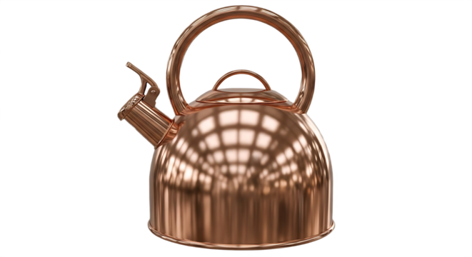 A shiny copper kettle with a curved handle and spout against a black background in a studio shot