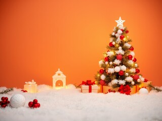 Cozy christmas tree with sparkling lights and presents on snow