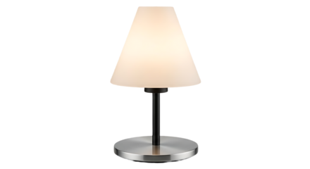 A simple table lamp with a white lampshade and a metal base on a black background in a studio shot