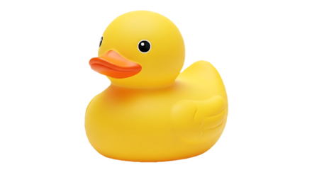 A close up of a yellow rubber duck with an orange beak and black eyes on a black background image view