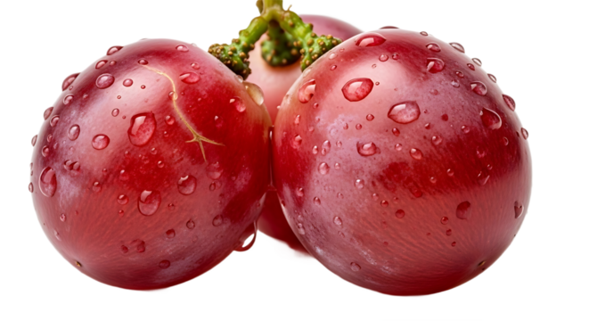 Close up shot of three red grapes with water droplets against a black background studio shot
