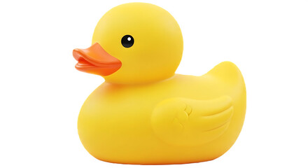 A bright yellow rubber duck with an orange beak and a black eye on a black background in close up view