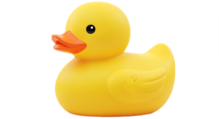 A bright yellow rubber duck with an orange beak and a black eye on a black background in close up view
