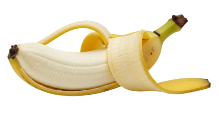 A single partially peeled banana with yellow skin revealing the white fruit on a black background