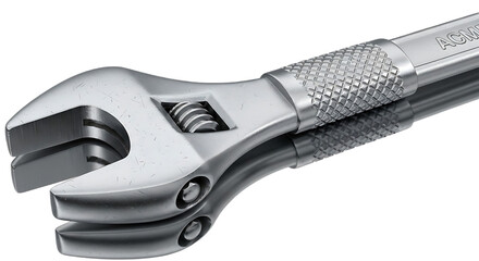 A close up shot of a silver adjustable wrench with a textured handle on a reflective surface