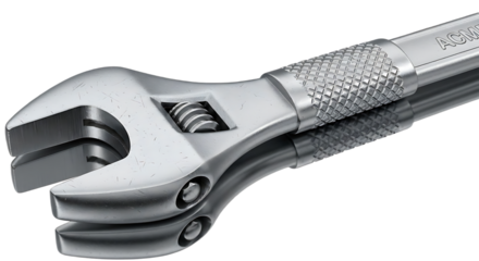 A close up shot of a silver adjustable wrench with a textured handle on a reflective surface