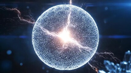 A captivating abstract illustration showcases a blue sphere emitting electric arcs with glowing center points, set against a dark background, ideal for technology concepts.