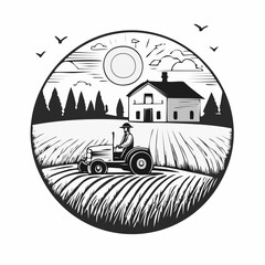 Morning Countryside Wheat Field with European Farmhouse and Farmer on Tractor – Linocut Style Illustration