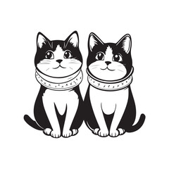 Cartoon vector illustration of two twin cats wearing necklaces, drawn in a cute and adorable style.