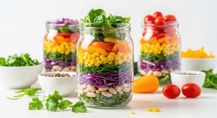 Rainbow salad in jar isolated on white background, healthy eating and diet concept