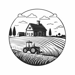 Morning Countryside Wheat Field with European Farmhouse and Farmer on Tractor – Linocut Style Illustration