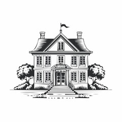 European classic house illustrated in a refined vintage engraving vector style.