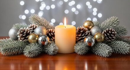 Candle surrounded by frosted pine branch, pine cone, and ornament on wood surface, representing festive mood and celebration of winter holiday